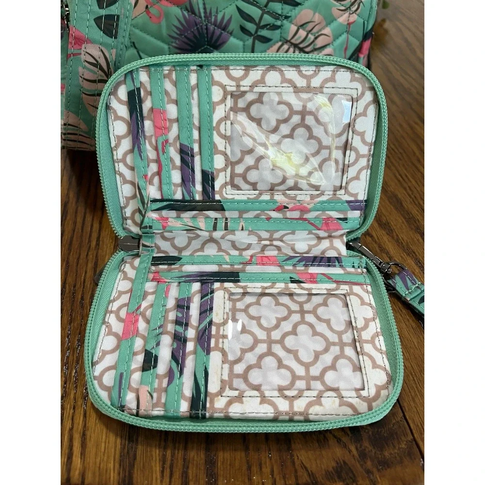 LUG PURSE BAG crossbody Straps AND Wallet SET Green Pink Flamingo Palm Tropical